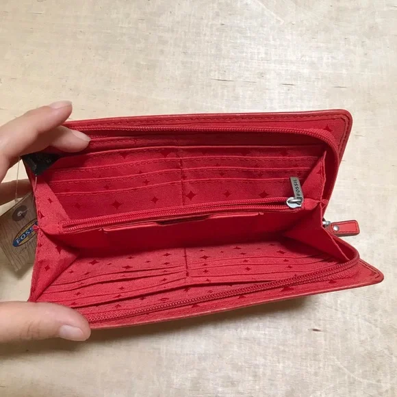 Fossil Hunter Zip Clutch Tomato Wallet Red Leather - Picture 2 of 7